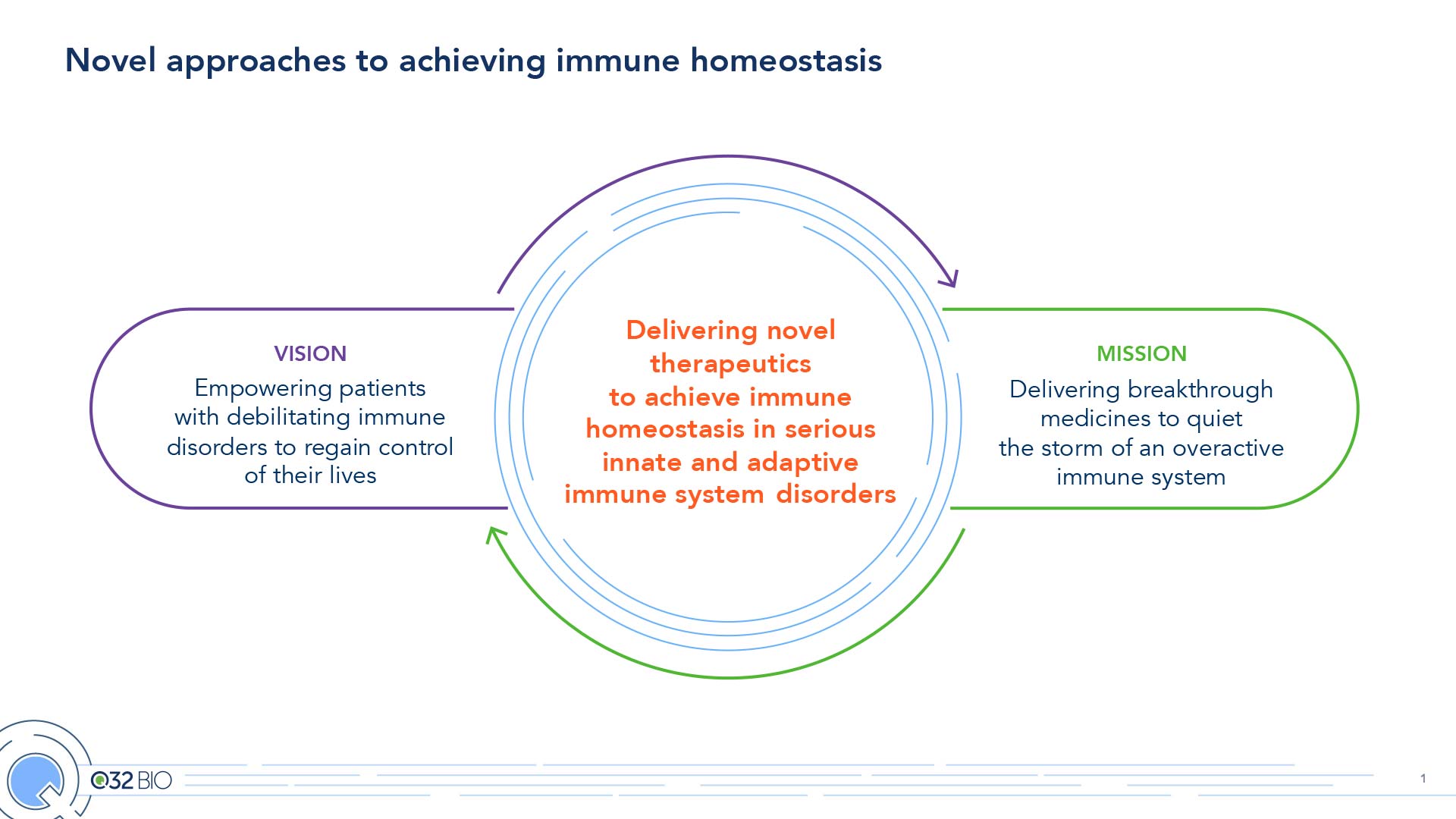 This slide outlines Q32 Bio's vision and mission in achieving immune homeostasis. Their vision is 'Empowering patients with debilitating immune disorders to regain control of their lives,' and their mission is 'Delivering breakthrough medicines to quiet the storm of an overactive immune system.' The central focus, connected by a cyclical arrow, is 'Delivering novel therapeutics to achieve immune homeostasis in serious innate and adaptive immune system disorders.