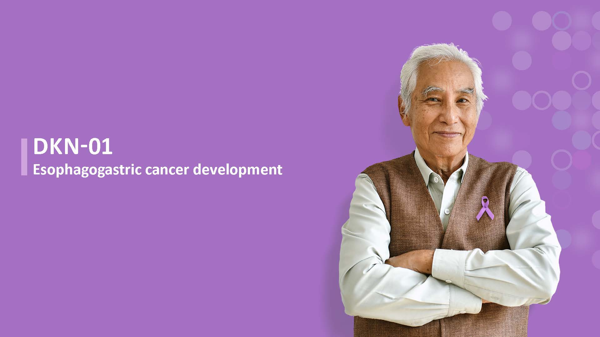 A visual from Leap Therapeutics highlighting the development of DKN-01 for esophagogastric cancer. It features an image of an individual and a purple ribbon, often associated with cancer awareness.