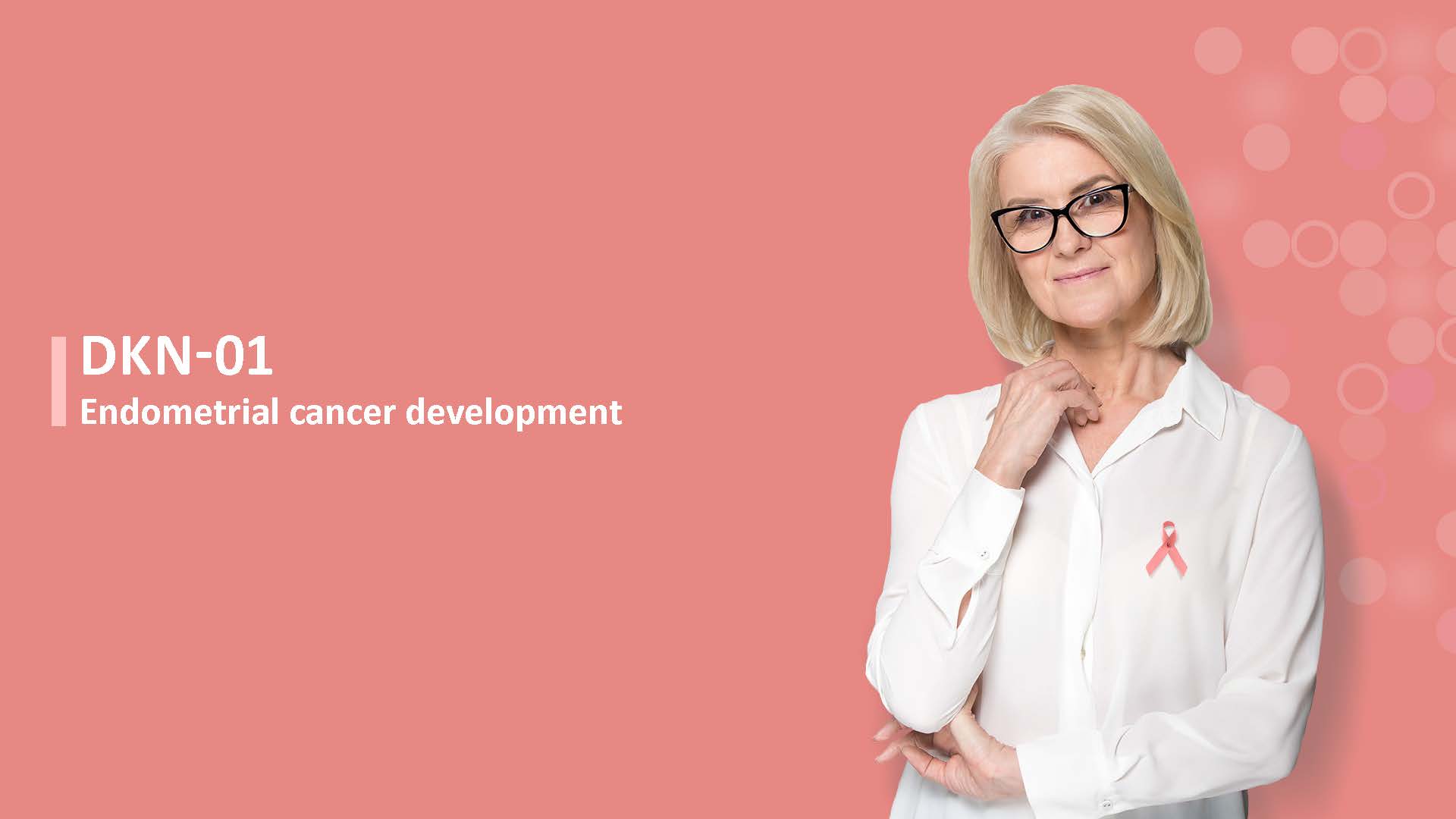 A visual from Leap Therapeutics highlighting the development of DKN-01 for esophagogastric cancer. It features an image of an individual and a purple ribbon, often associated with cancer awareness.