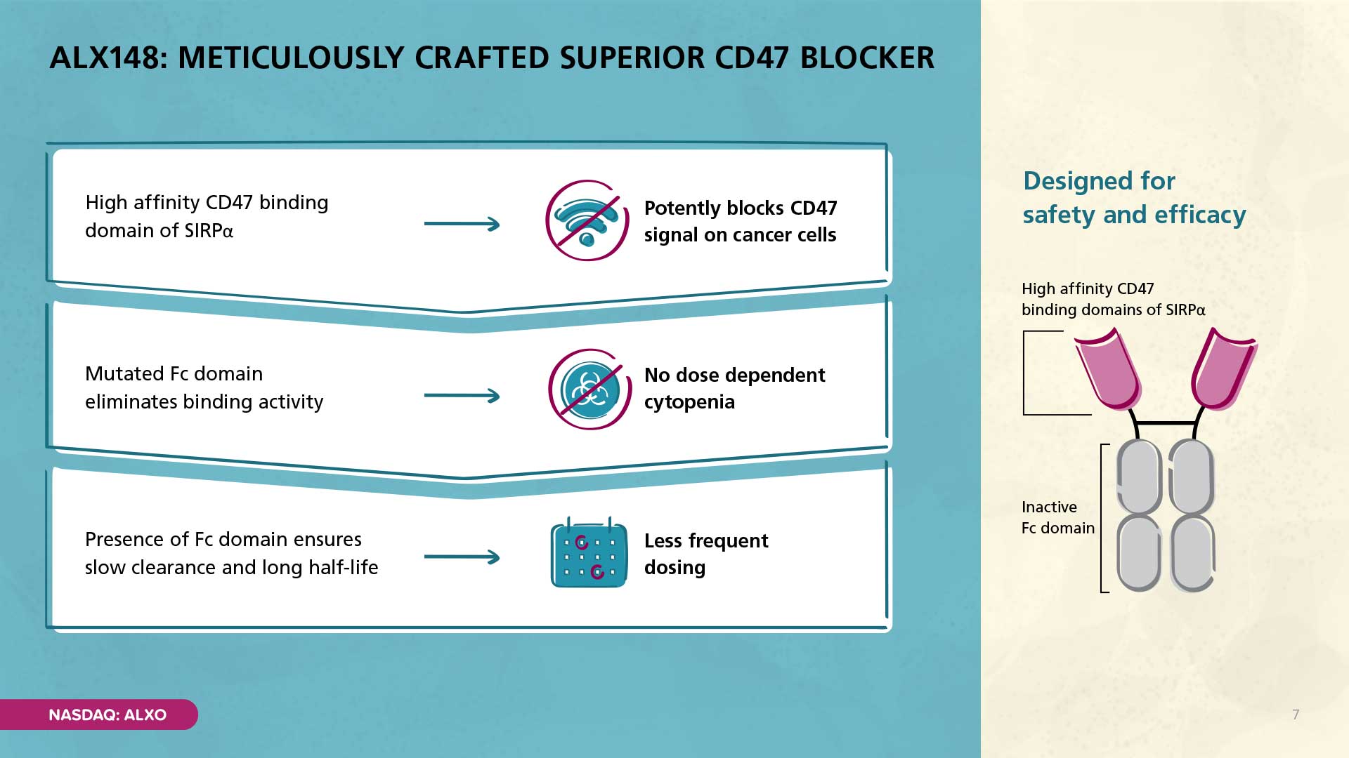 This slide highlights the key features of ALX148 as a superior CD47 blocker. It emphasizes its high affinity CD47 binding domain of SIRPα, its mutated Fc domain that eliminates binding activity to avoid dose-dependent cytopenia, and the presence of the Fc domain ensuring slow clearance and long half-life for less frequent dosing. A diagram illustrates the ALX148 antibody structure with an inactive Fc domain.