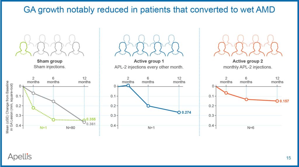 This graph presents data showing that Geographic Atrophy (GA) growth was notably reduced in patients who converted to wet Age-related Macular Degeneration (AMD) and were treated with APL-2. It compares the change in GA lesion size from baseline over time in a sham group versus two active groups receiving different APL-2 injection frequencies.
