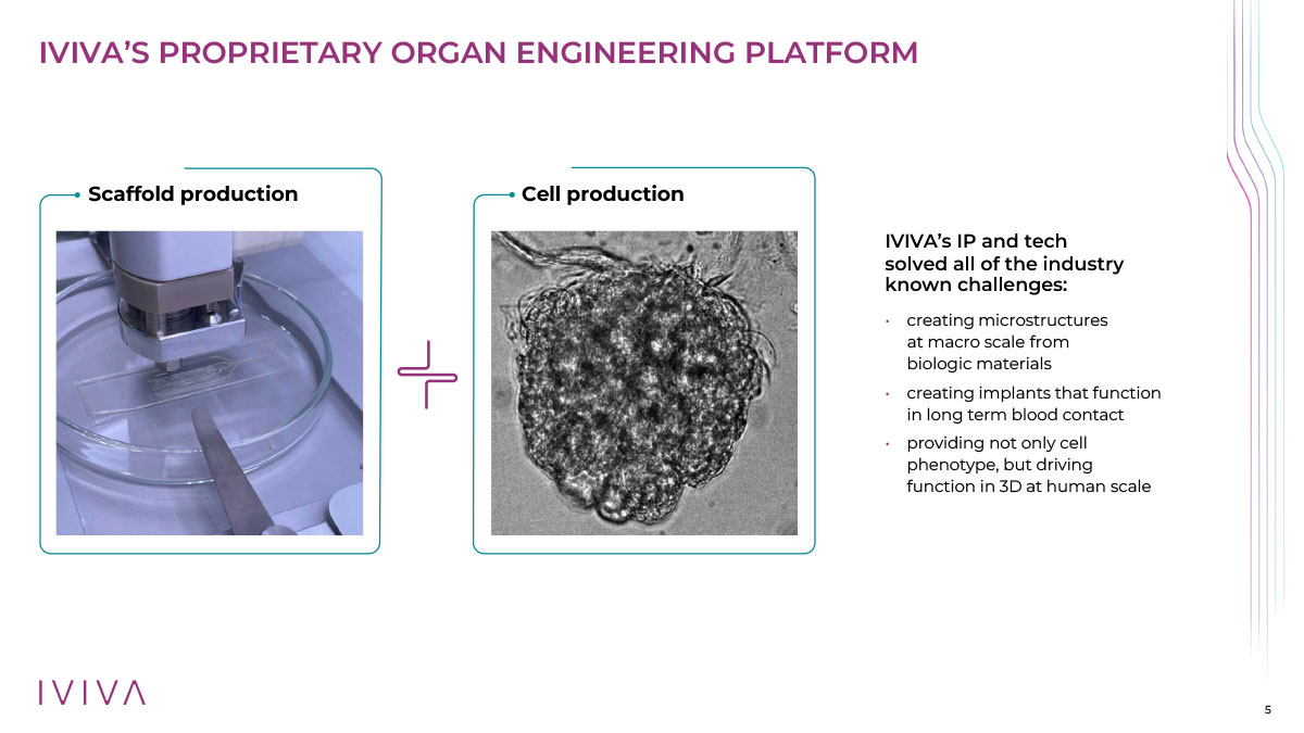 An image illustrating Iviva Medical's proprietary organ engineering platform, showing 'Scaffold production' with specialized equipment and 'Cell production' with a microscopic view of cell aggregates. Text highlights the platform's ability to create microstructures, functional implants, and drive cell function in 3D at human scale.