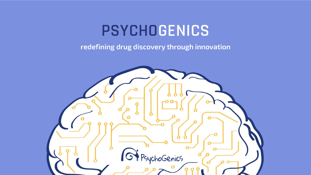 The Psychogenics logo and tagline 'redefining drug discovery through innovation' are displayed above a stylized illustration of a human brain with circuit-like pathways. This visually represents their focus on central nervous system disorders and innovative drug discovery.