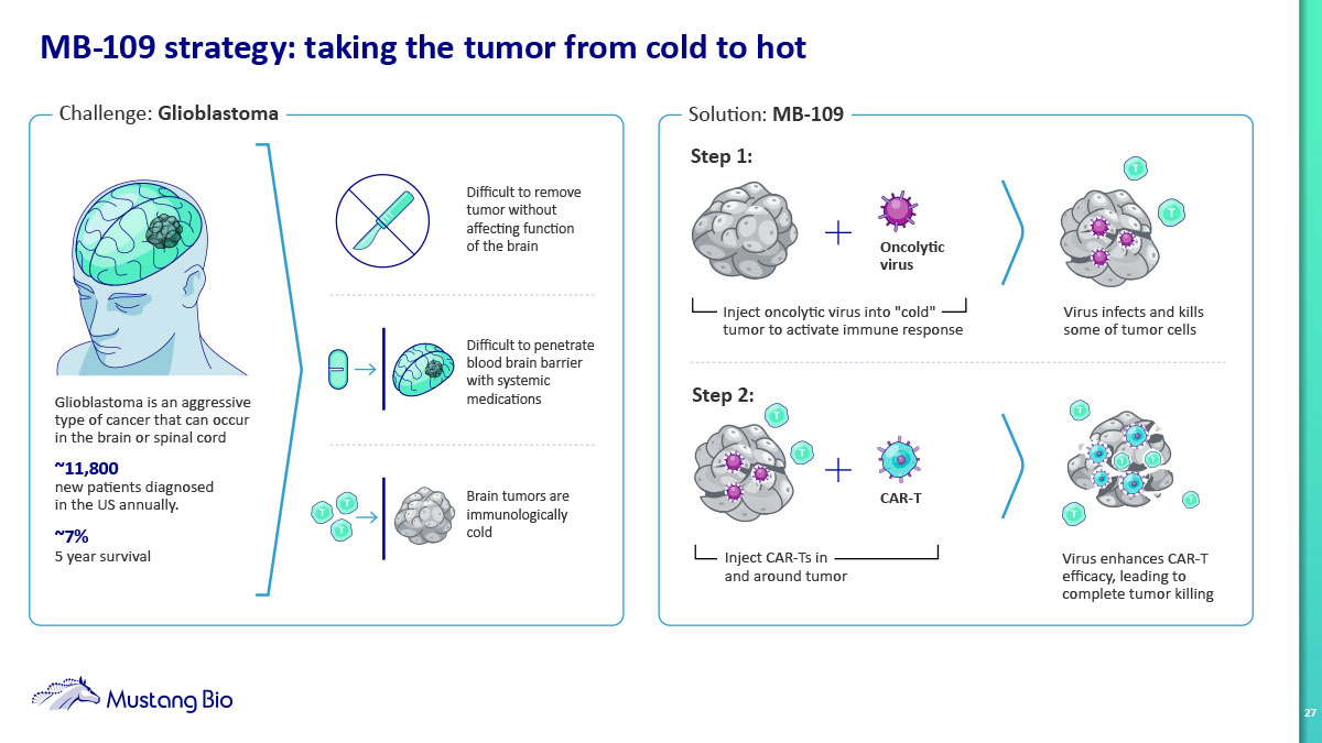 This slide details Mustang Bio's MB-109 strategy for treating glioblastoma, presenting it as 'taking the tumor from cold to hot.' It outlines a two-step process involving the injection of an oncolytic virus to activate an immune response, followed by CAR-T cell injection to enhance tumor killing. The challenges of glioblastoma treatment are also highlighted.