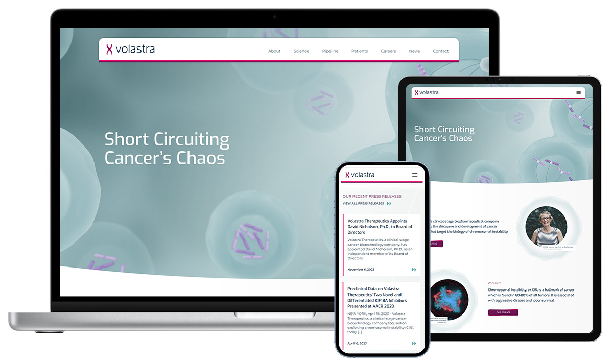 Responsive website design for Volastra, showcasing how their platform adapts to different screen sizes (laptop, tablet, mobile). The headline 'Short Circuiting Cancer's Chaos' is prominent, reflecting their focus on chromosomal instability in cancer. The design incorporates scientific imagery and a clean, modern aesthetic.