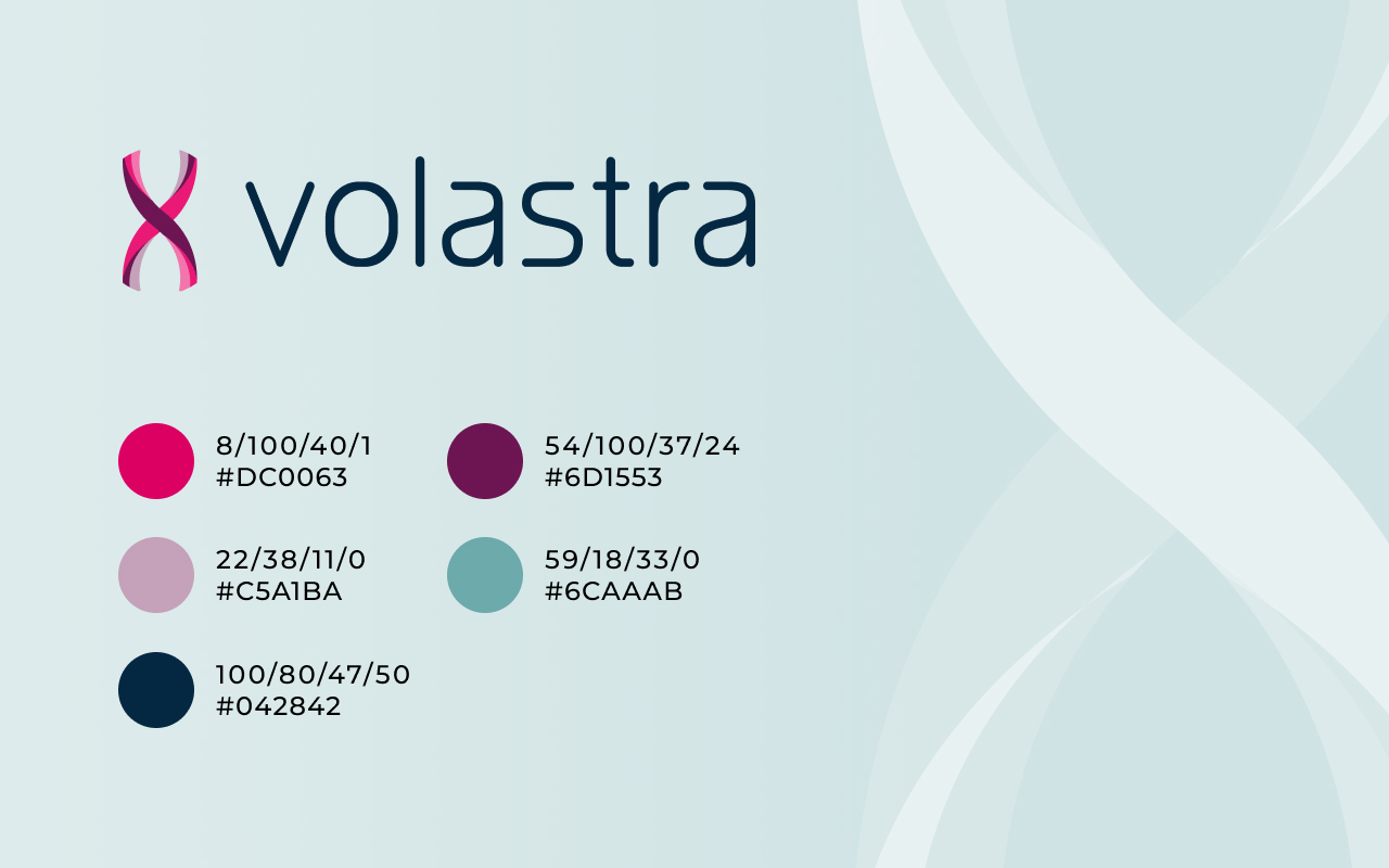 A slide displaying Volastra's logo and color palette. The logo features a stylized 'X' in magenta, and the palette includes various shades of pink, purple, teal, and dark blue, along with their corresponding color codes. This defines Volastra's visual brand identity.
