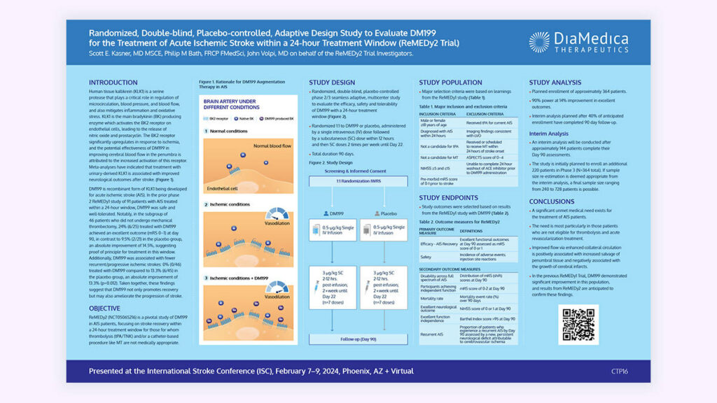 This scientific poster, for Diamedica Therapeutics, outlines the design of their randomized, double-blind, placebo-controlled adaptive study evaluating DM199 for the treatment of acute ischemic stroke (ReMEDy2 trial). It includes illustrations of brain arteries under different conditions (normal, ischemic, ischemic with DM199), the study design, population, endpoints, and analysis plan.